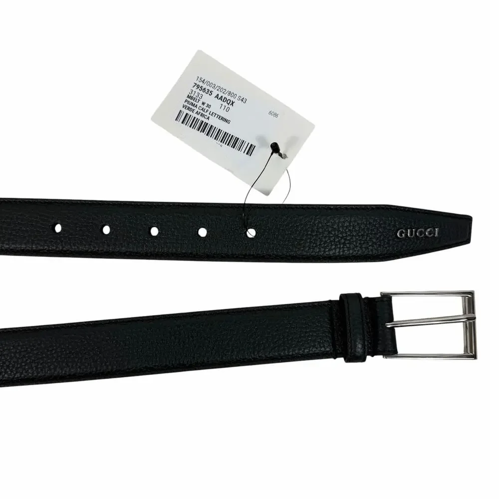 Gucci 3cm Gucci Script Leather Belt Dark Green Men Size 110cm/44
